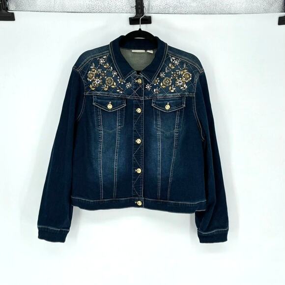 Chico's Cropped Jeweled Dark Wash Denim Jacket - Plus Size 2X - Embellished - Picture 1 of 7
